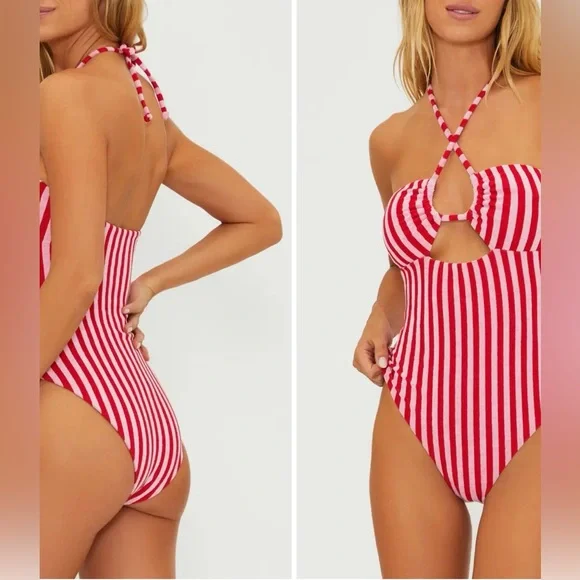 NWOT Beach Riot Med Phoenix Halter one piece terry cloth red pink striped swim - Picture 5 of 5